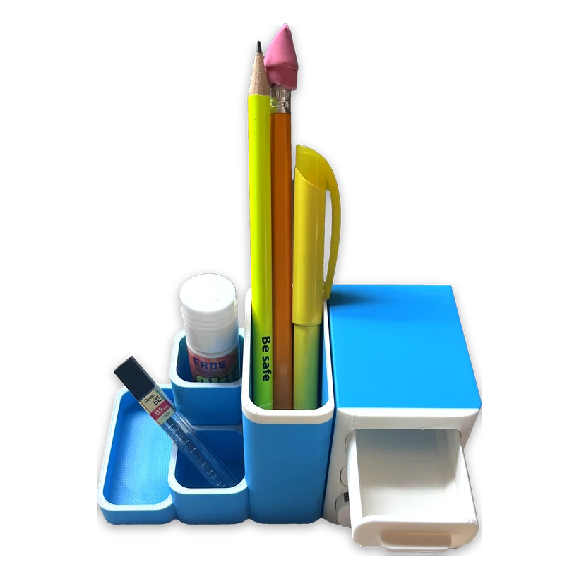 Blue and white desk organiser holding pencils and a glue stick