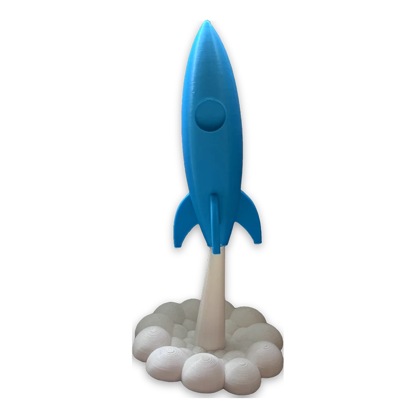 Blue rocket on a printed smoke cloud